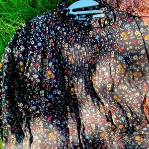 Dôen Black Floral Print Long Sleeve Blouse M